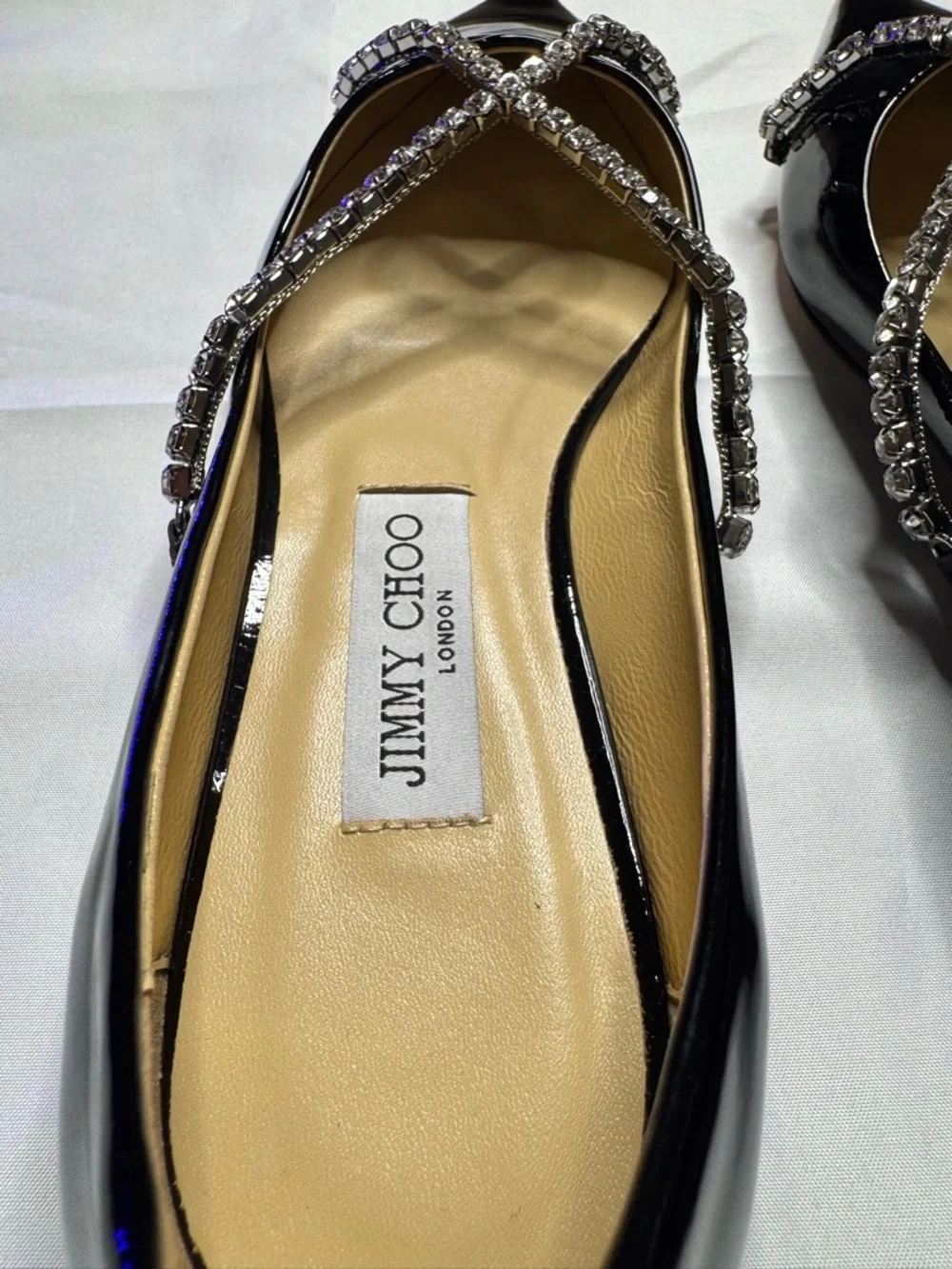 Jimmy Choo Crystal Strap Pointed Toe Flats Black Patent Leather Size 8 New - Picture 7 of 10